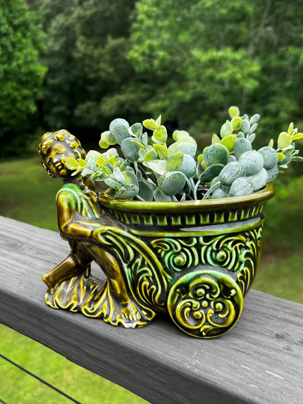 Vintage Green Ceramic Lady Cart Planter Cottagecore Decor